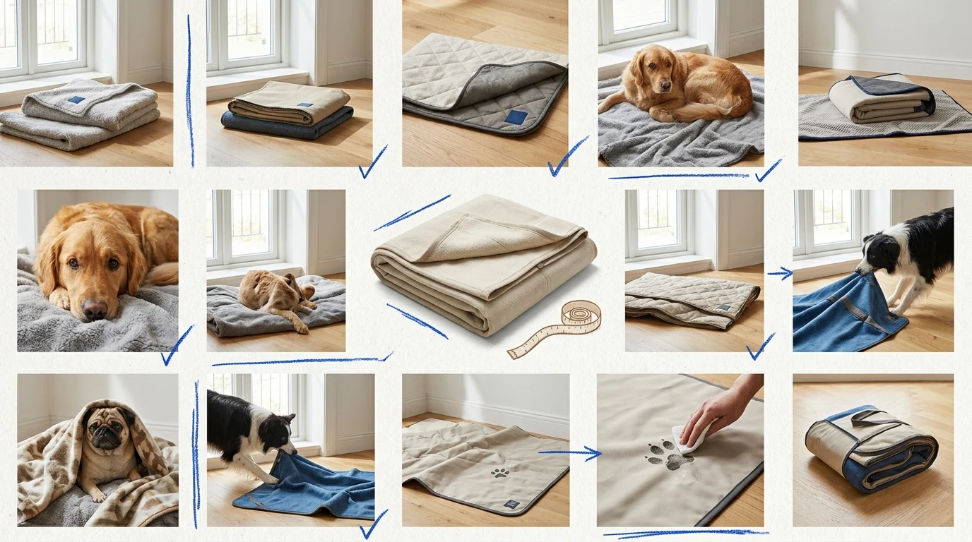 Collage med hundfiltar i fleece och quiltat tyg, hopvikta och under liggande hundar
