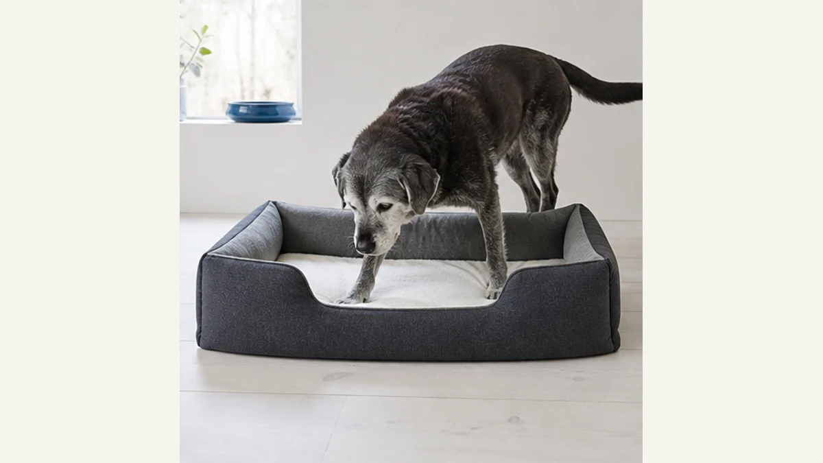 Äldre gråmuzzlad hund som kliver i en bädd med lågt insteg